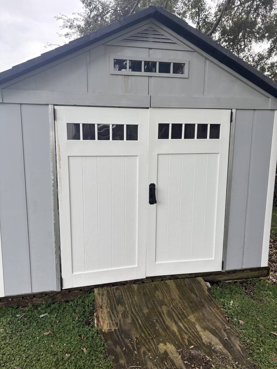 Clean white backyard shed after washing by Tom's Professional Power Wash Plus, Tampa Bay FL