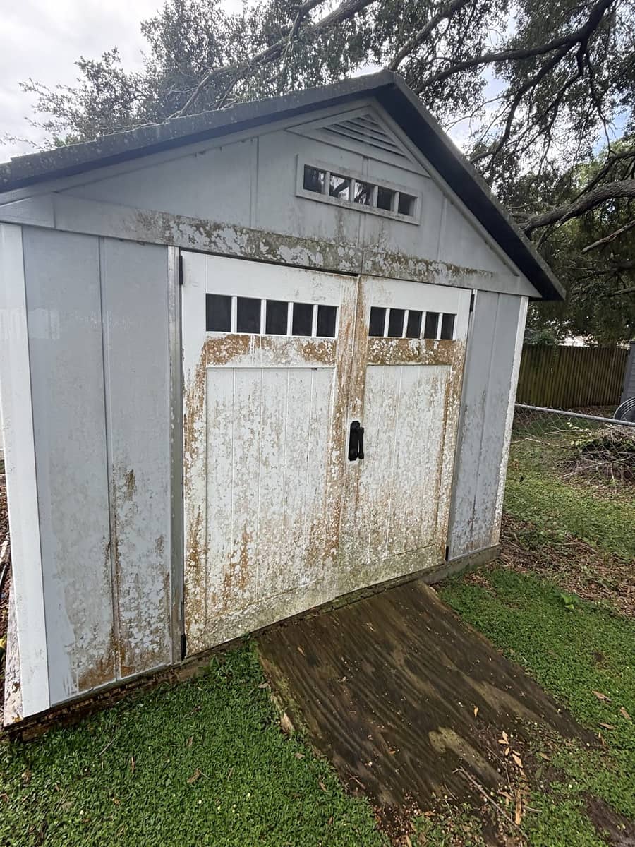Backyard shed with mildew-stained doors before washing, Tampa Bay FL