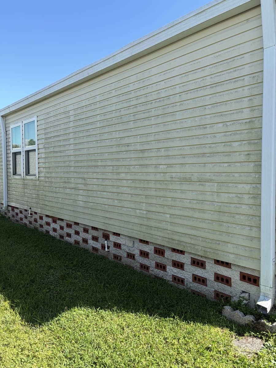 Mobile home vinyl siding covered in green algae before soft washing, Tampa Bay FL